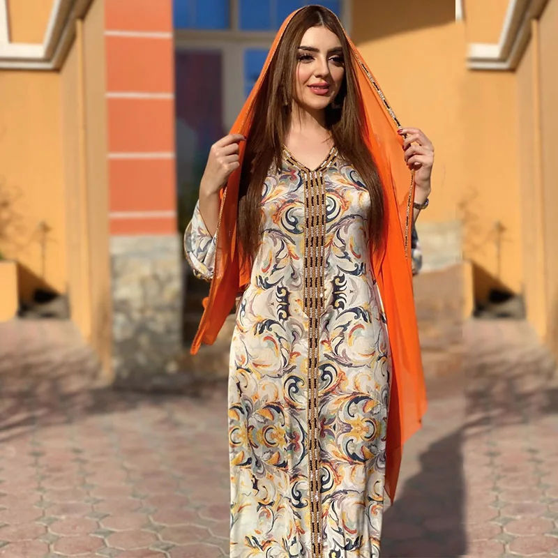 

1782MuslimQLO Middle Eastern Arab Robe Muslim Dress abaya women muslim print dress muslim abaya, Photo color