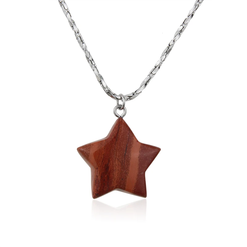 

Trendy Jewelry Stainless Steel Chain Natural Stone Crystal Colored Star Shape Pendant Necklace Gift, Steel color