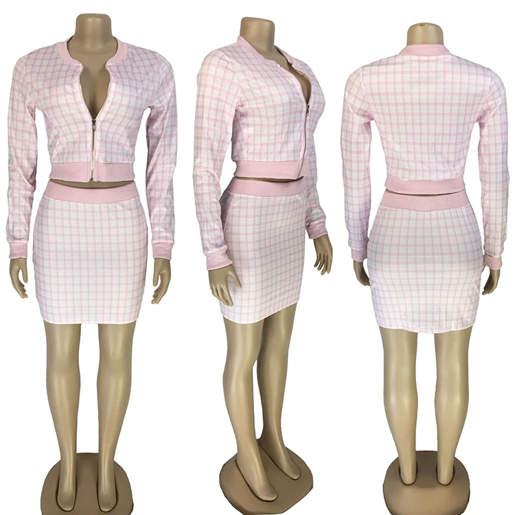 Hot Selling Elegant Plaid Zipper Long sleeves Short Dresses Women Dress sets Fashion Clothing Two Piece Skirt Set