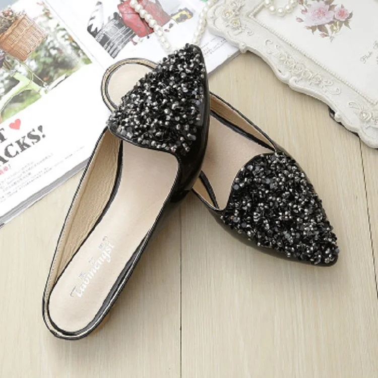

XY010 size 35-43 women's rhinestone flat mules shoes, Black, beige