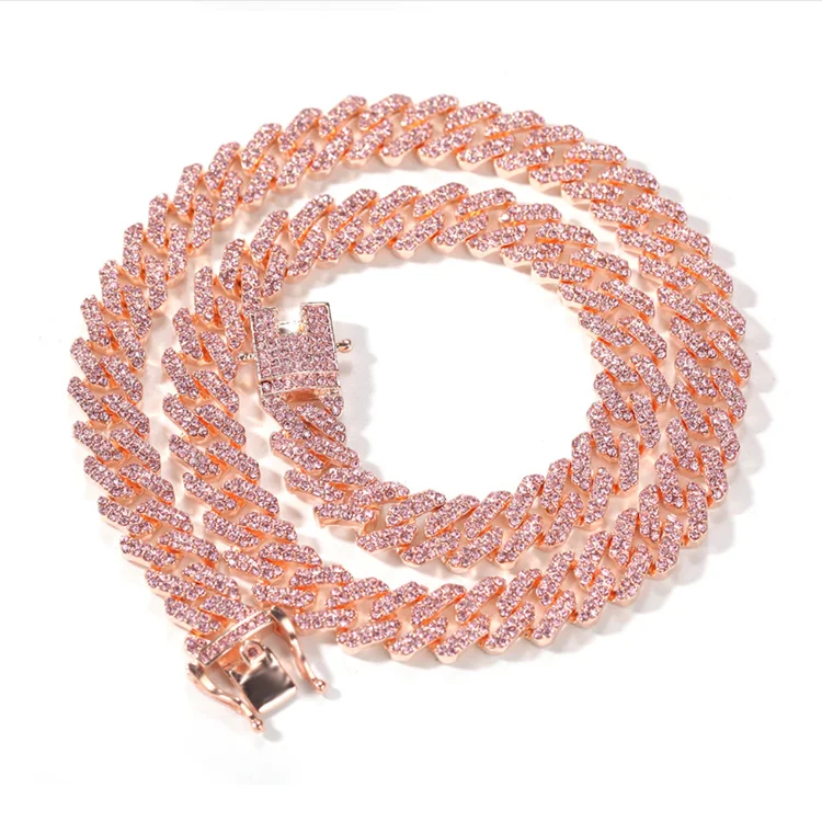 

Wholesale Hip Hop Rose Gold Plated Iced Out Rhinestone Bling 12mm Pink Miami Cuban Link Chain Necklace Jewelry, Rose gold/silver/gold