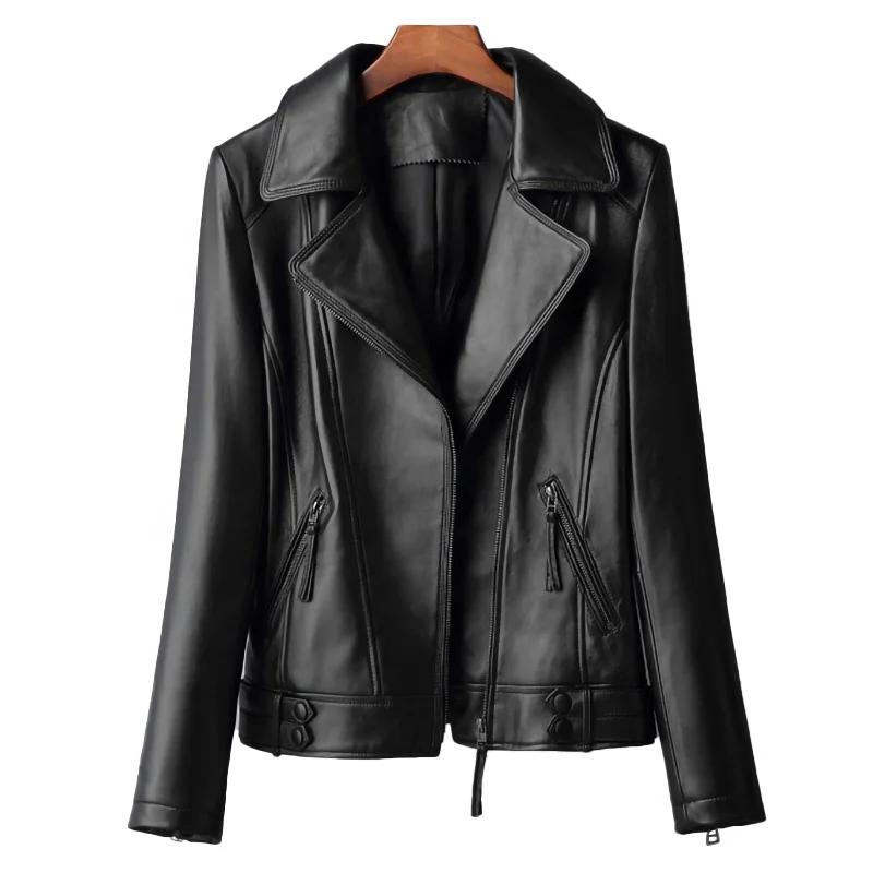 

2022 Genuine Sheepskin Leather Jacket Slim Women Black Motorcycle Leather Jacket, Customized colors