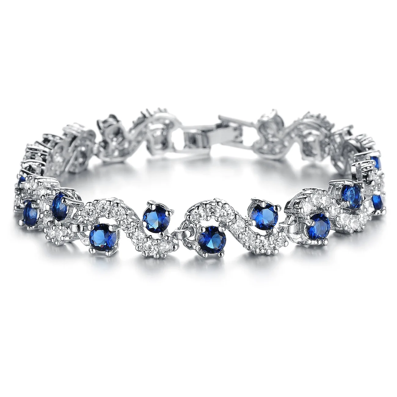 

Exquisite and elegant wave copper platinum stainless steel blue gemstone zircon bracelet, Blue,white,green