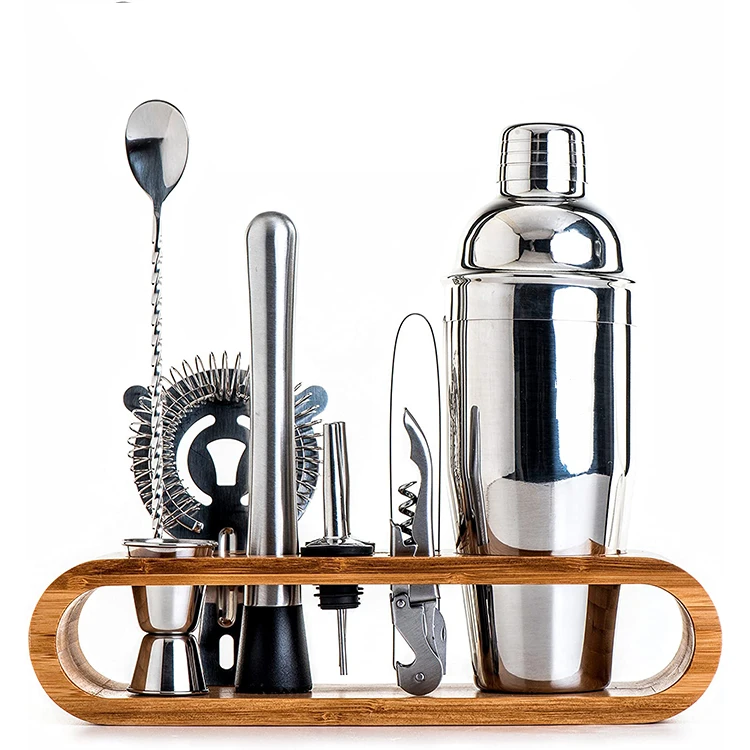 

Beeman New Product Stainless Steel Bar Set Cocktail Shaker Set With Bamboo Stand