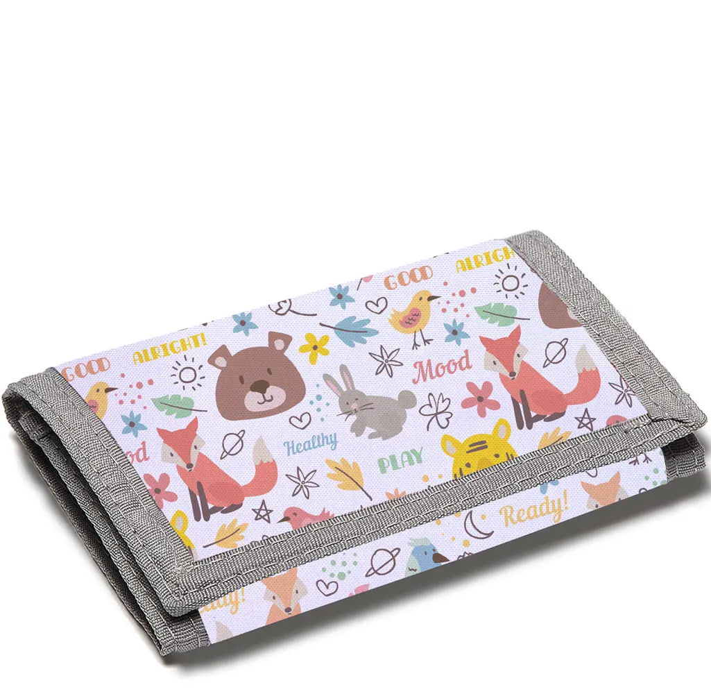 

Low MOQ Custom design print on demand cute animal pattern manufacturer money clip children kids trifold coin purse wallet