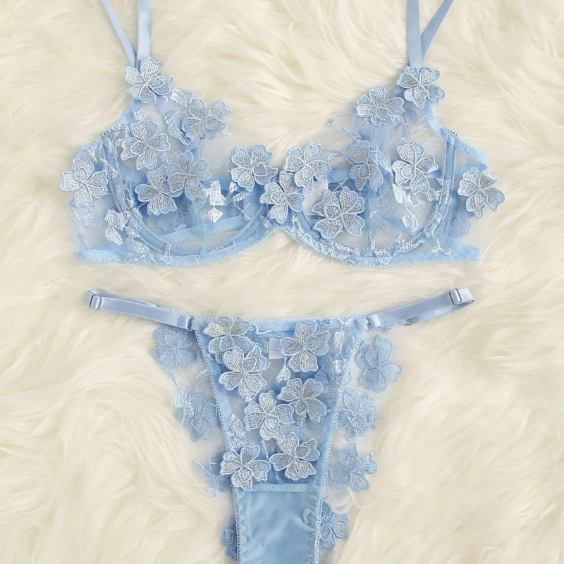 

Sexy Women Underwear Transparent Lingerie Appliques Bra Sexy Embroidery Underwear, Blue,pink