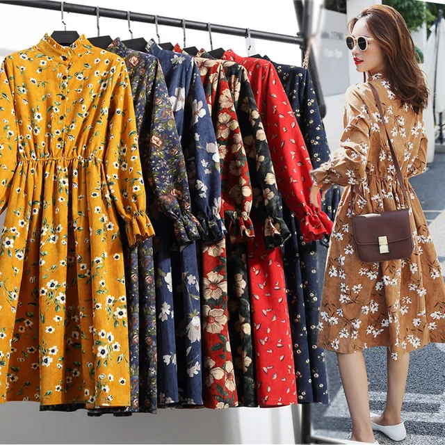 

women lady Vintage Stand Collar Long Sleeve Corduroy Floral Dress Printed Bottoming Dress, Gold