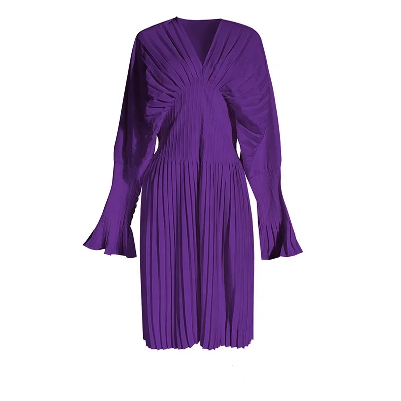 

2020 Fashion Pleated Waist V-neck Shirt Design Sense Trumpet Long Sleeve Blouse Lady Casual Dresses Women Elegant, Purple/white