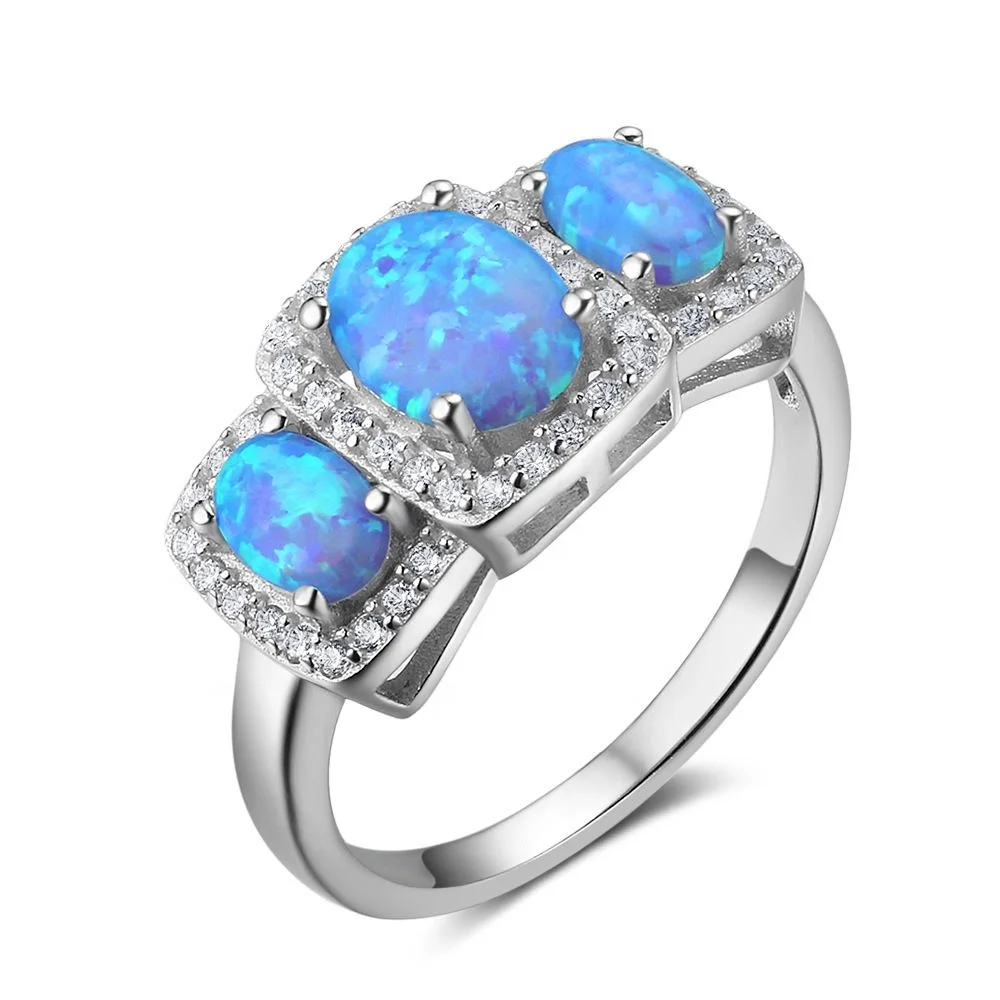 

New Arrived 18K White Gold Plated 925 Silver Oval Shape Synthetic Opal Halo Zirconia Diamond Three Stone Wedding Rings