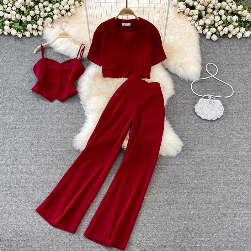 

Fashion suit women vest short V-neck shirt jacket three-piece wide-leg pants suit, Picture color