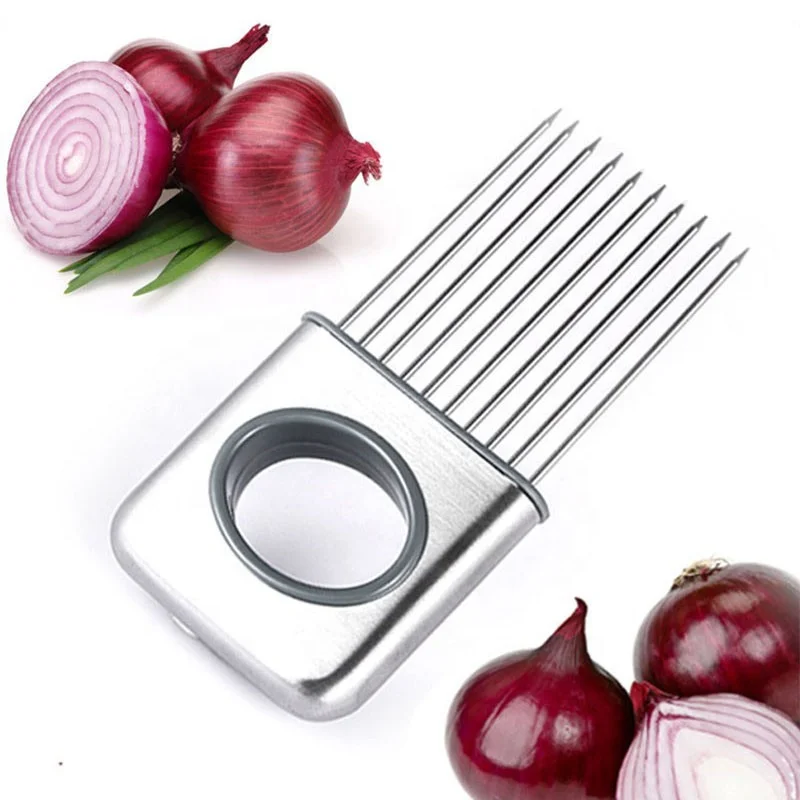 

Eco Friendly Food Grade Hotcakes Stainless Steel Vegetable Tools Onion Holder Slicer, Silver