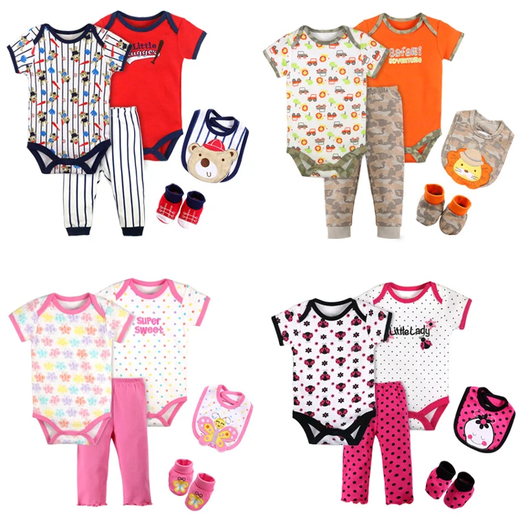 

5 in 1 hot sale 100% cotton summer cartoon pattern baby clothing set short sleeve baby romper matching with long pants&shoes&bib
