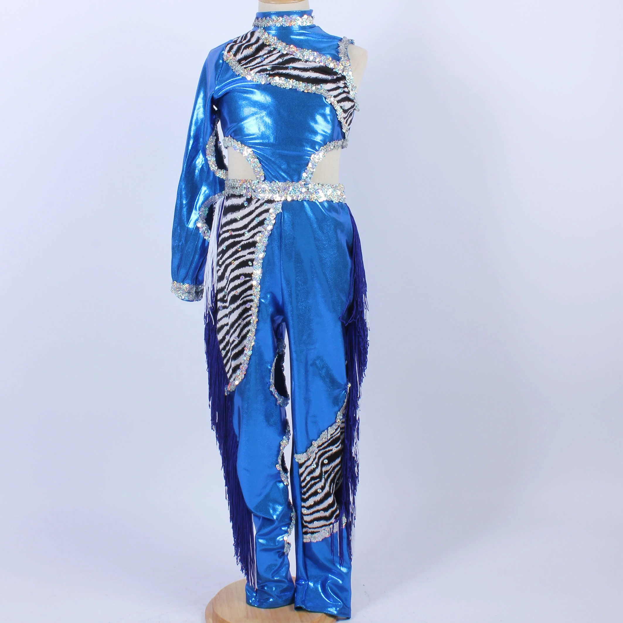 

Shiny blue foil dance leotard Zebra Stripes printed tassel dance wear Primitive man of crazy prairie stage performance wear