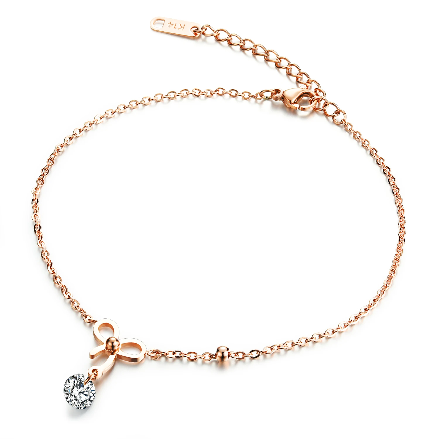 

Summer Beach Ankle Jewelry Charm Stainless Steel Bowknot Anklets Bracelets Barefoot Sandals Crystal Rhinestone Anklet, Rose gold