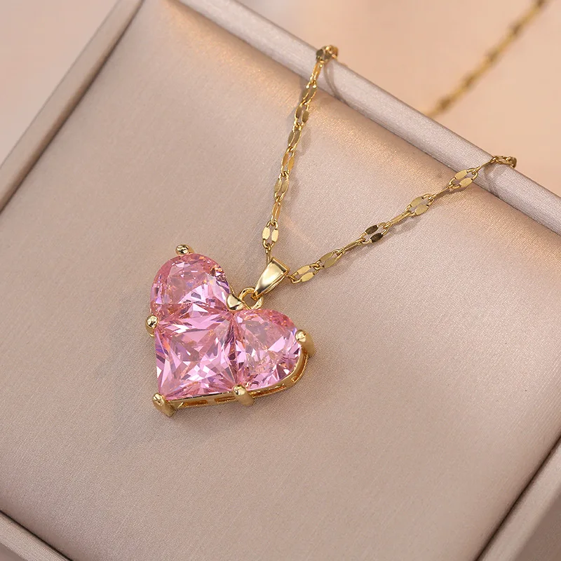 

2023 Colorful Crystal Heart Gold Plated Titanium Steel Necklace Jewelry For Women