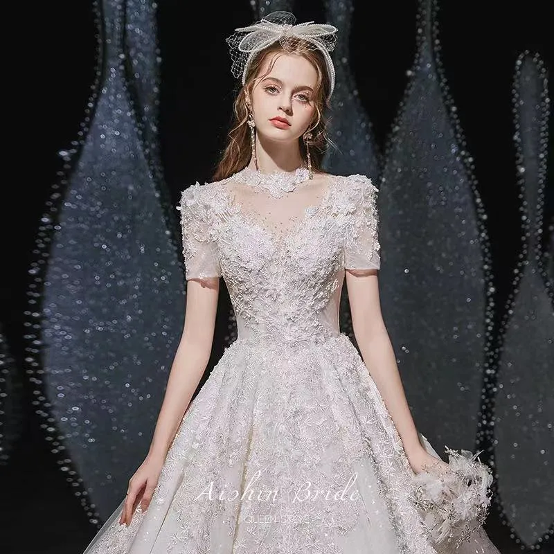 

White Wedding Dresses Puff Sleeves High-Neck Shining Applique Beaded Crystal Sequins Lace Up Backless Elegant Bridal Dress New, Ivory