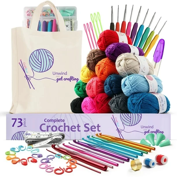 

73 Piece Crochet Set Kit with Crochet Hooks Yarn Set Premium Bundle Includes Yarn Balls Needles Accessories Kit Tote Bag