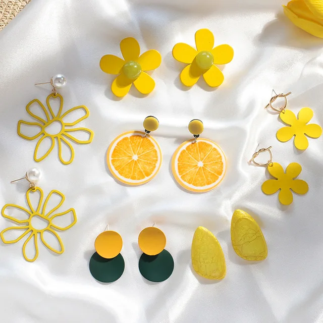 

JL Yellow Color Drop Earrings for Women 2021 Summer Korean Design Geometric Flower Heart Earrings Creative Sweet Wedding, Colorful