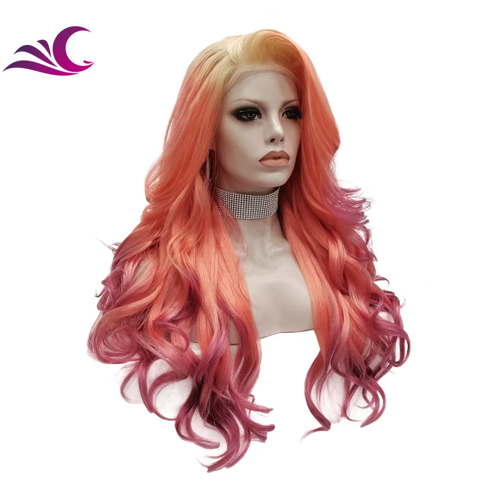 

Celebrity Multicolor Orange Red Wigs Synthetic Lace Front Wig Heat Resistant Fiber Glueless Long Wavy Ombre Wigs For Women, Shown