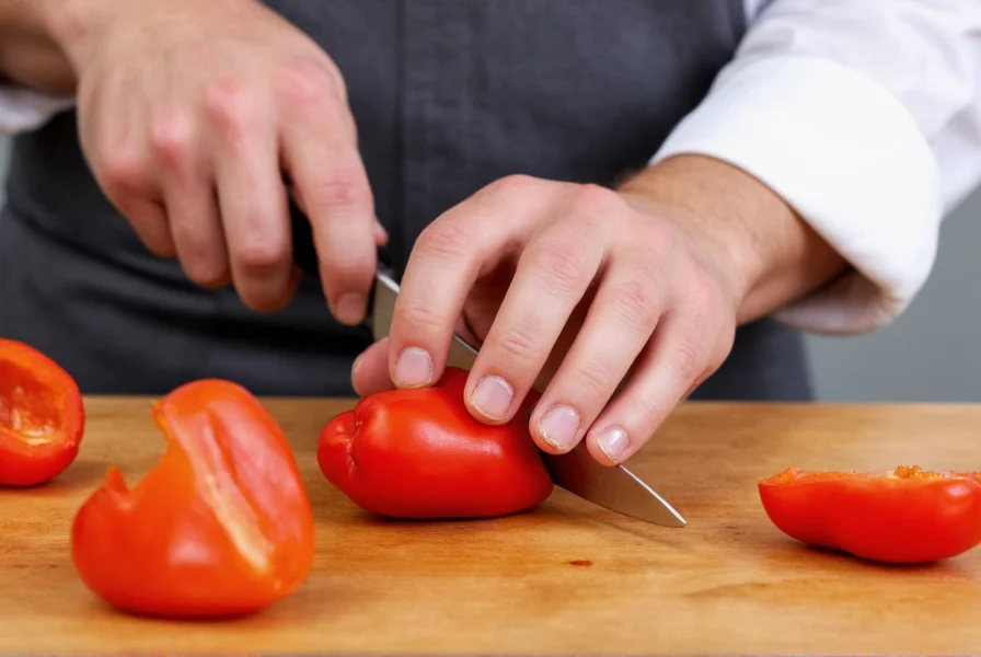 Professional chef demonstrating proper grip while cutting red bell pepper on wooden cutting board
