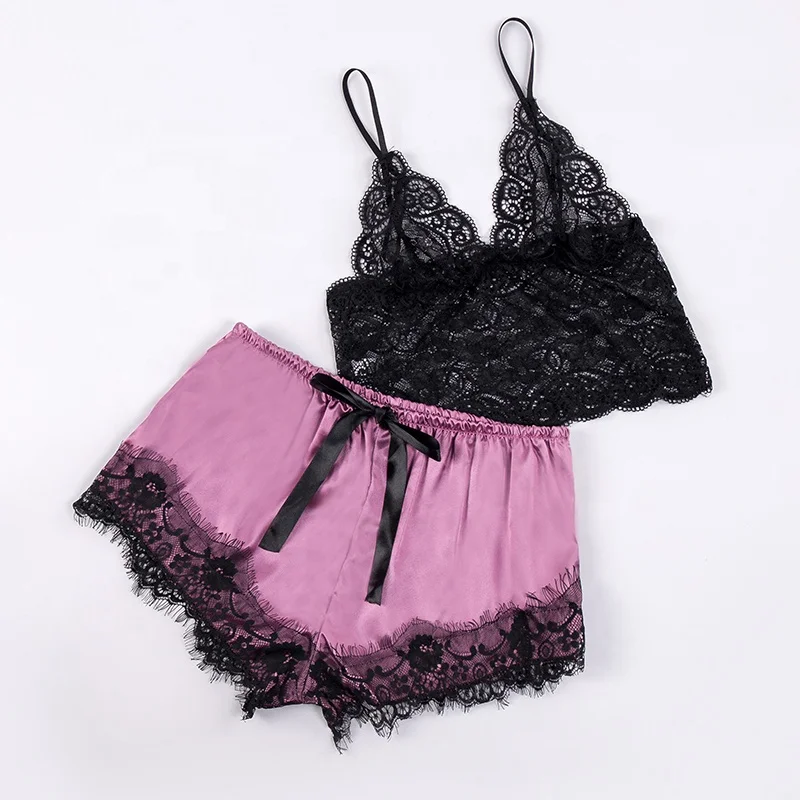 
Wholesale women nightwear sexy lingerie satin pajamas set with lace 