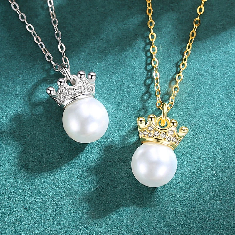 

Custom 925 Sterling Silver Cubic Zirconia Diamond Necklace Freshwater Pearl Crown Pendants Women Jewelry Necklace