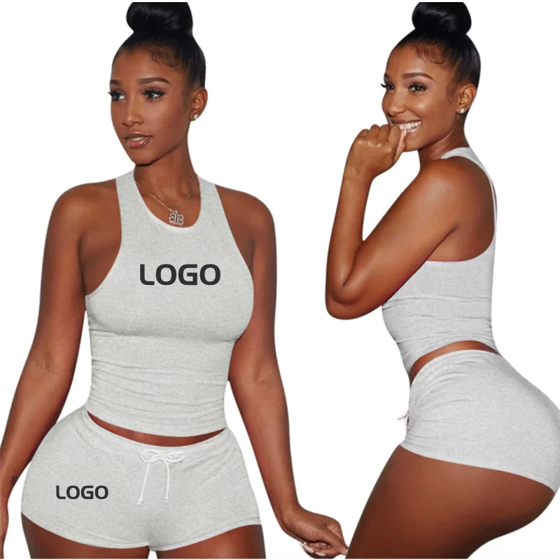 

Custom LOGO 2 Piece Short Women Set candy color cotton Tank and sweatpants gym suits casual summer clothing qm3147