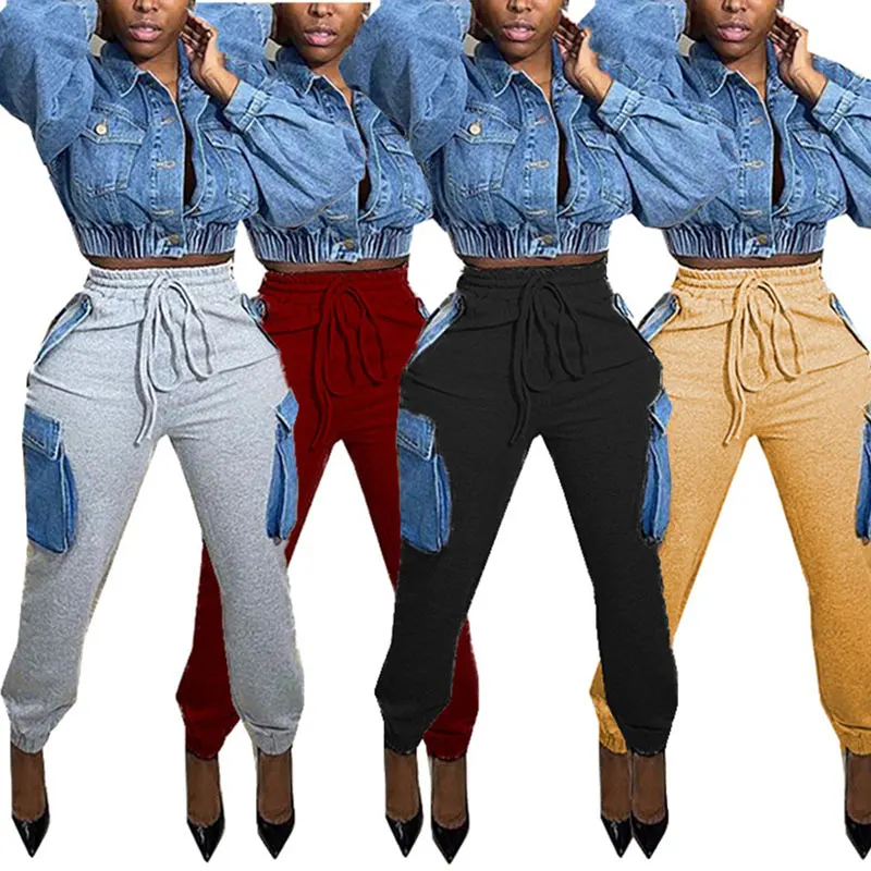 

Patchwork Joggers Pants Outfit High Street Cargo Women Pants Trousers Casual Sweatpants With Pockets, Yellow, gray, black, red