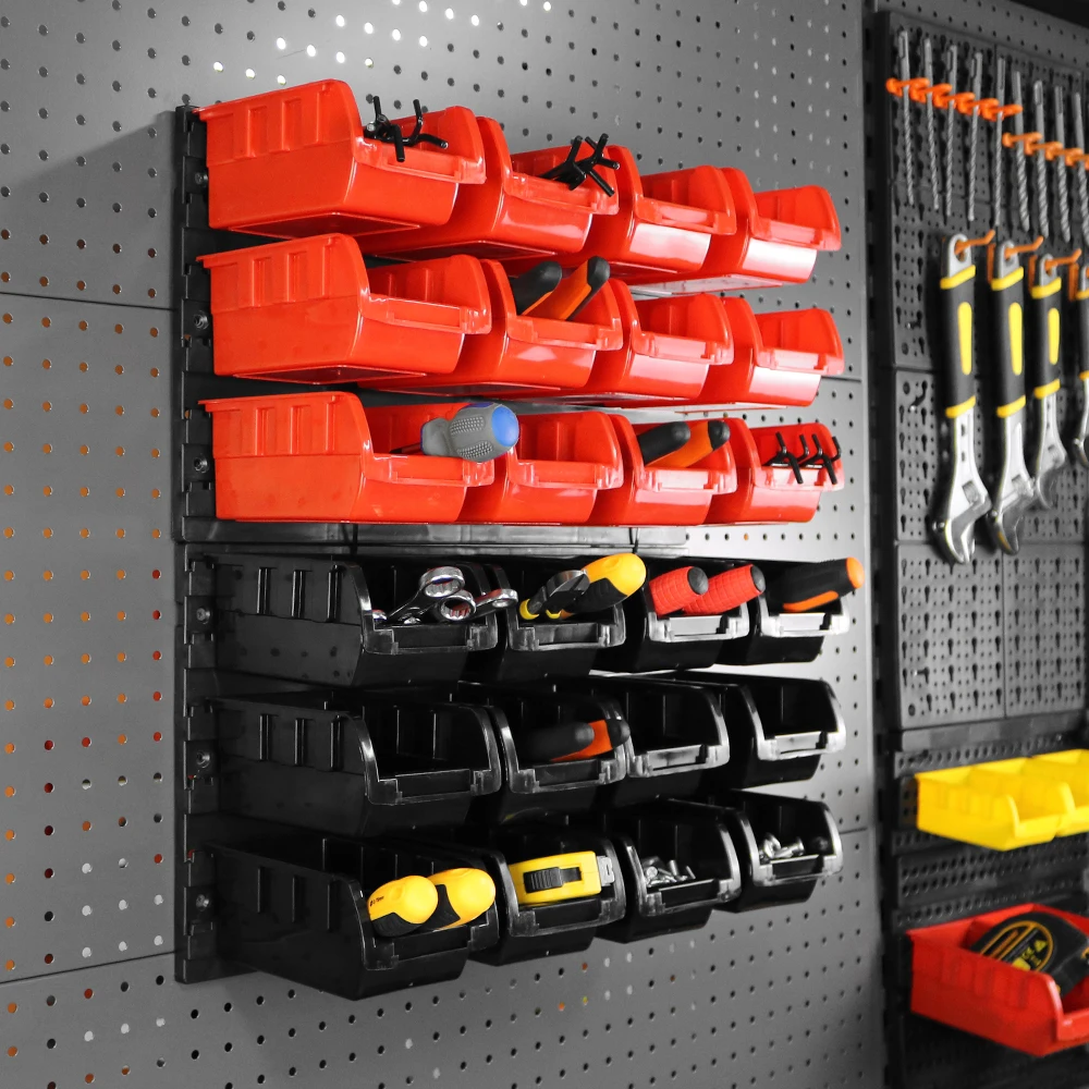 

Vcan 24 Pcs Plastic Storage Box Hardware Tool Cabinet Box Garage Workshop Stackabel Storage Bin,Wall Mounted Storage Box, Orange/red/black