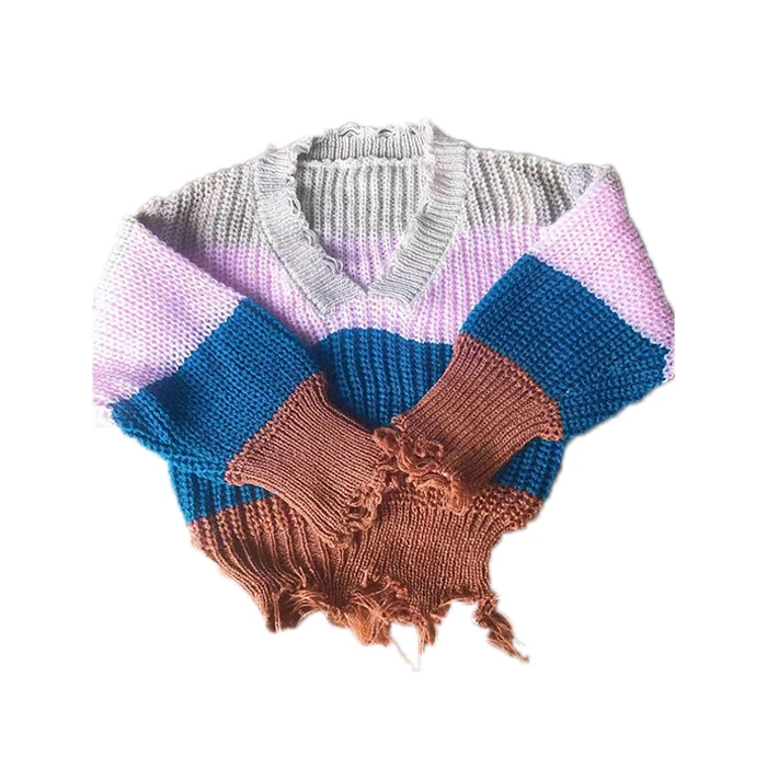 

RTS V-Neck Striped Womens Distressed Knitted Sweater, Black,creamy,caramel,striped