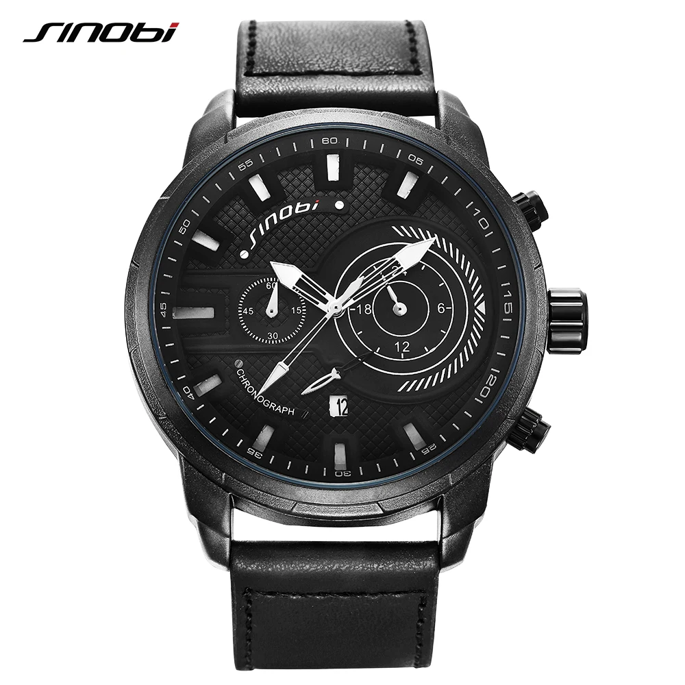 

SINOBI Chronograph Men's Watch Calendar Date Function Luminous Hands Index Soft Leather Band Quartz Watches S9786G, 2 colors/support custom