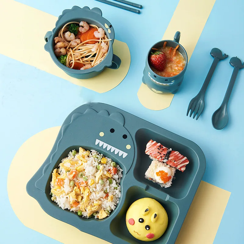 

Creative dinosaur cartoon children's tableware baby food bowl household wheat fiber plate plastic bowl chopsticks set