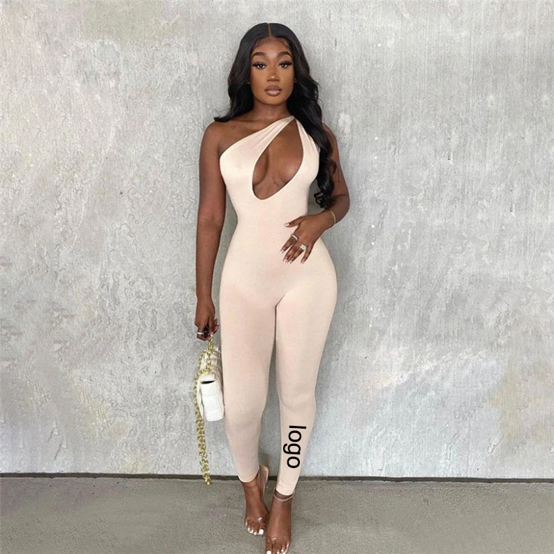 

One Shoulder Sexy Cut Out Rompers Womens Jumpsuit 2021 Streetwear Solid Backless Active Wear Skinny Slim Jumpsuits