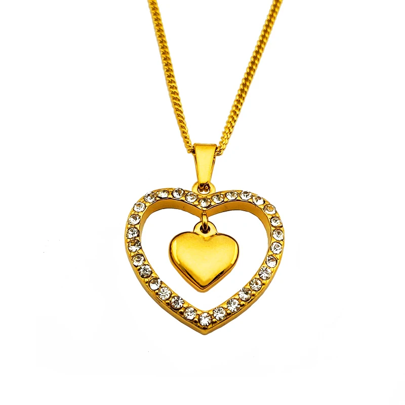 In stock new design rhinestone heart necklaces stainless steel 18k gold jewelry women fashion double heart pendant necklace