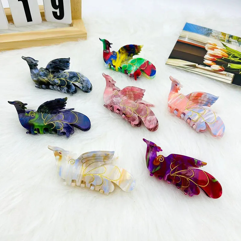 

Fashion Large Acrylic Phoenix Grab Clip Creative Colorful Birds Back of the Head Plate Hair Shark Clips Wholesale