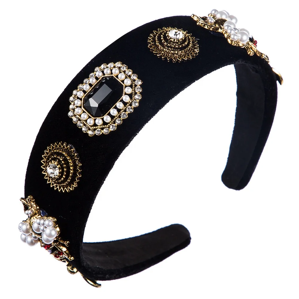 

Vintage Black Velvet Crystal Hair Hoop Bezel Woman Party Hair Accessories Luxury Baroque Simulated Pearl Bee Headband for Woman, Picture shows
