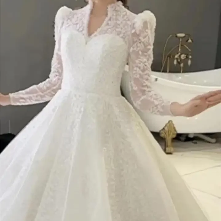 

2023 Fashion Plus Size Long Sleeve Bridal Gown High Neck Princess Flowers Ball Gown Wedding Dresses