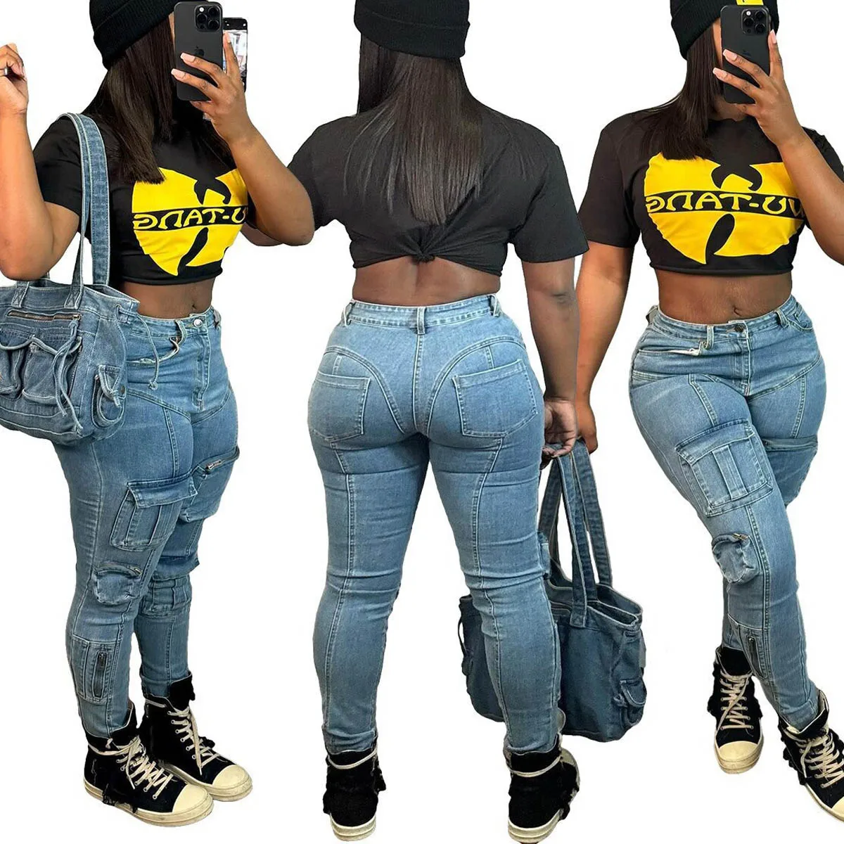 

women clothing Skinny Cargo Pockets Jeans Women denim blue jeans pants for women