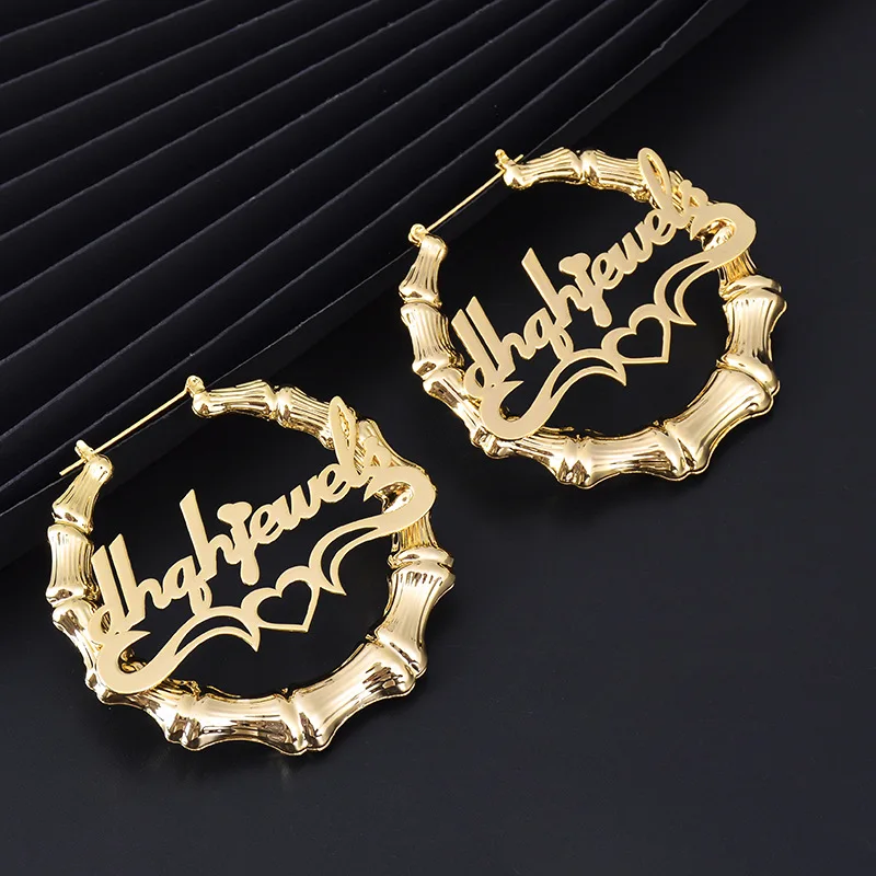 

Name Custom Brand Bamboo Big Chunky Gold Plating Plated Thin Large Big Chunky Hoops Earrings 18K, Gold sliver rose gold ome