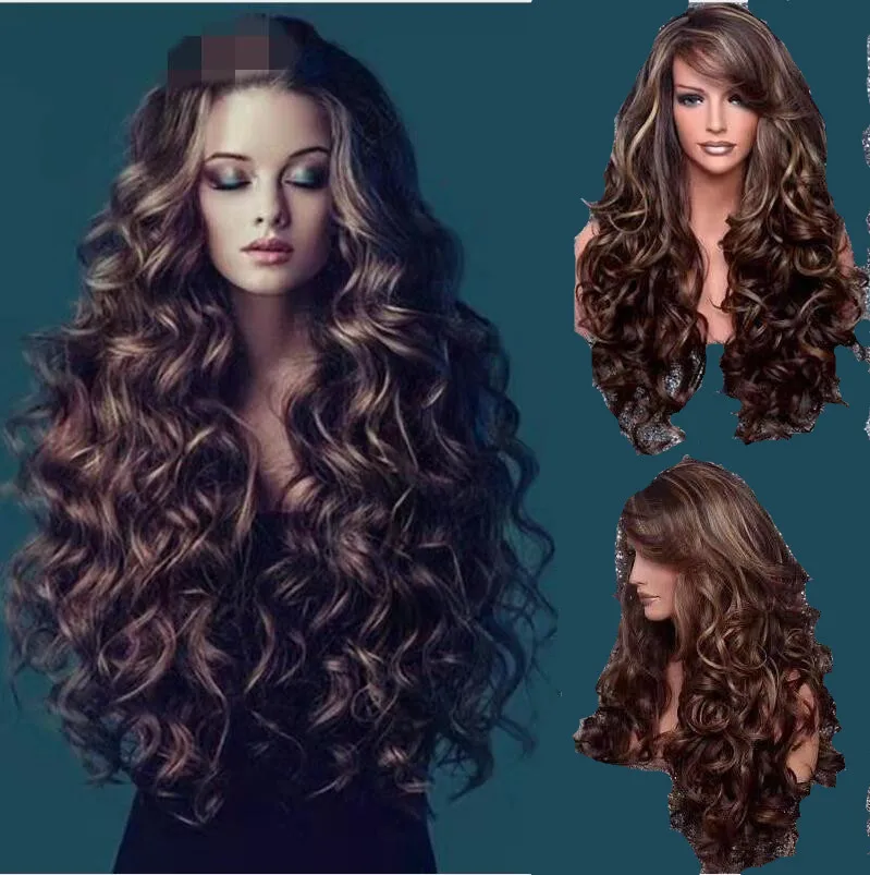 

High Quality Women Synthetic Wigs Fluffy Big Curly Long Wave Brown Wig, Pics