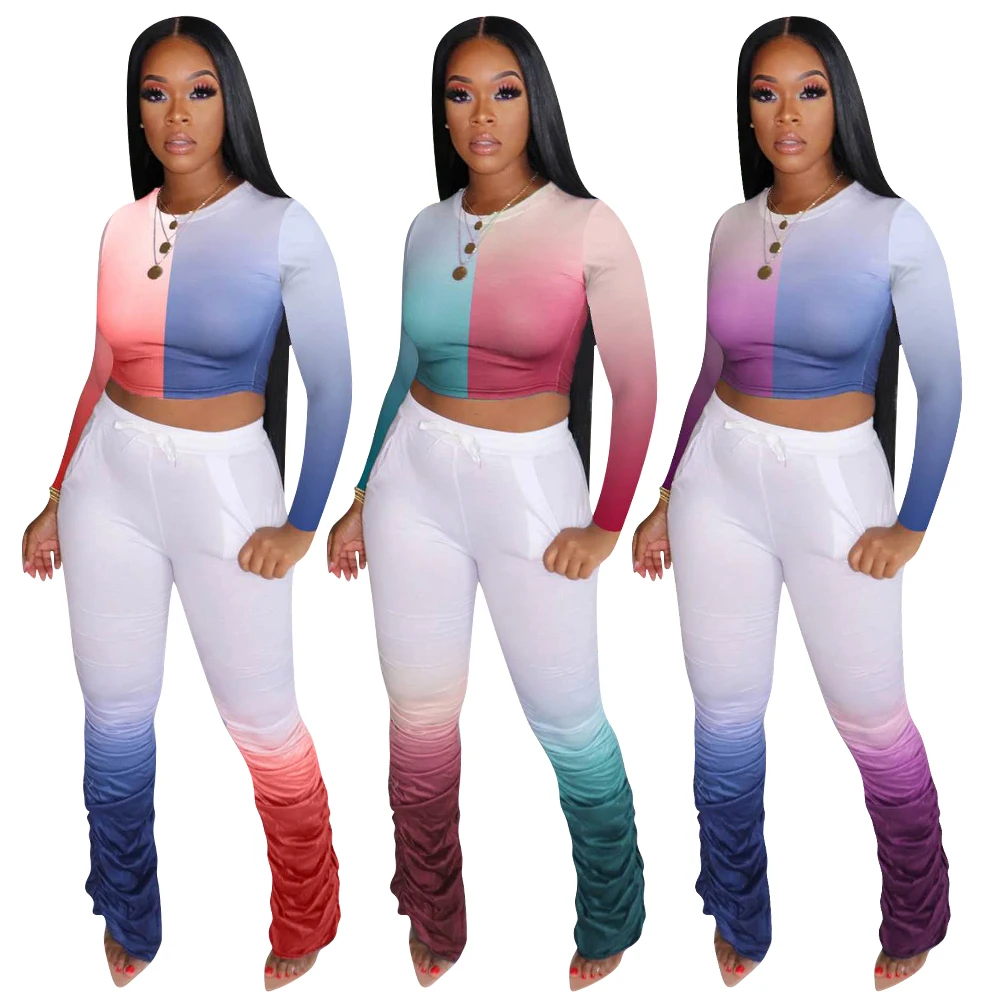 

FM-J6164 Women Fall Two Piece Sets Gradient Colors Stacked Pants Two Piece Set Long Sleeve Crop Top, As pictures