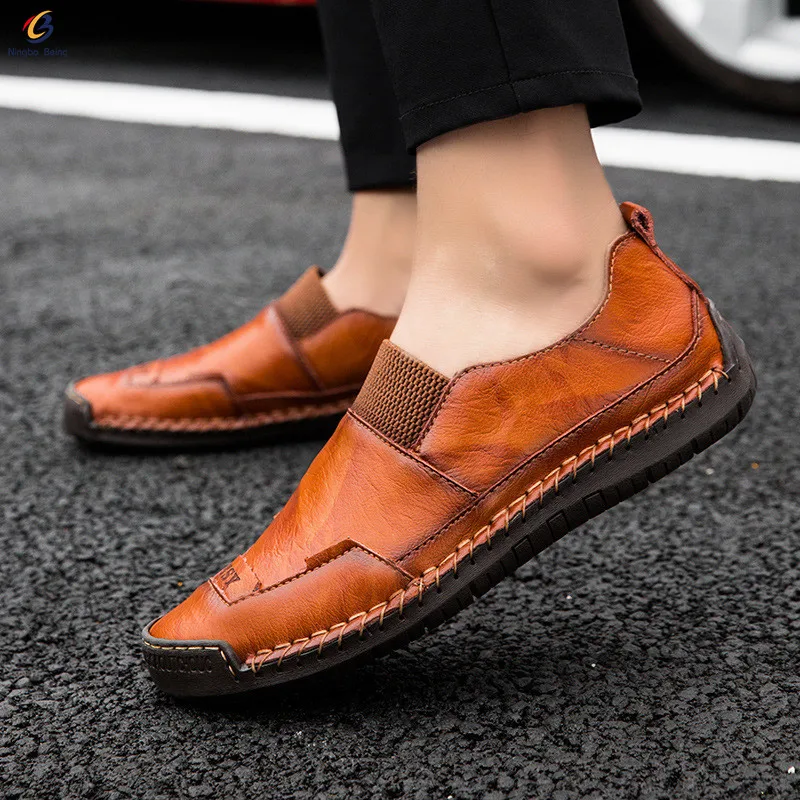 

High quality round toe flat shoes national wind shallow cow leather shoes with elastic band mens casual sneakers slip on