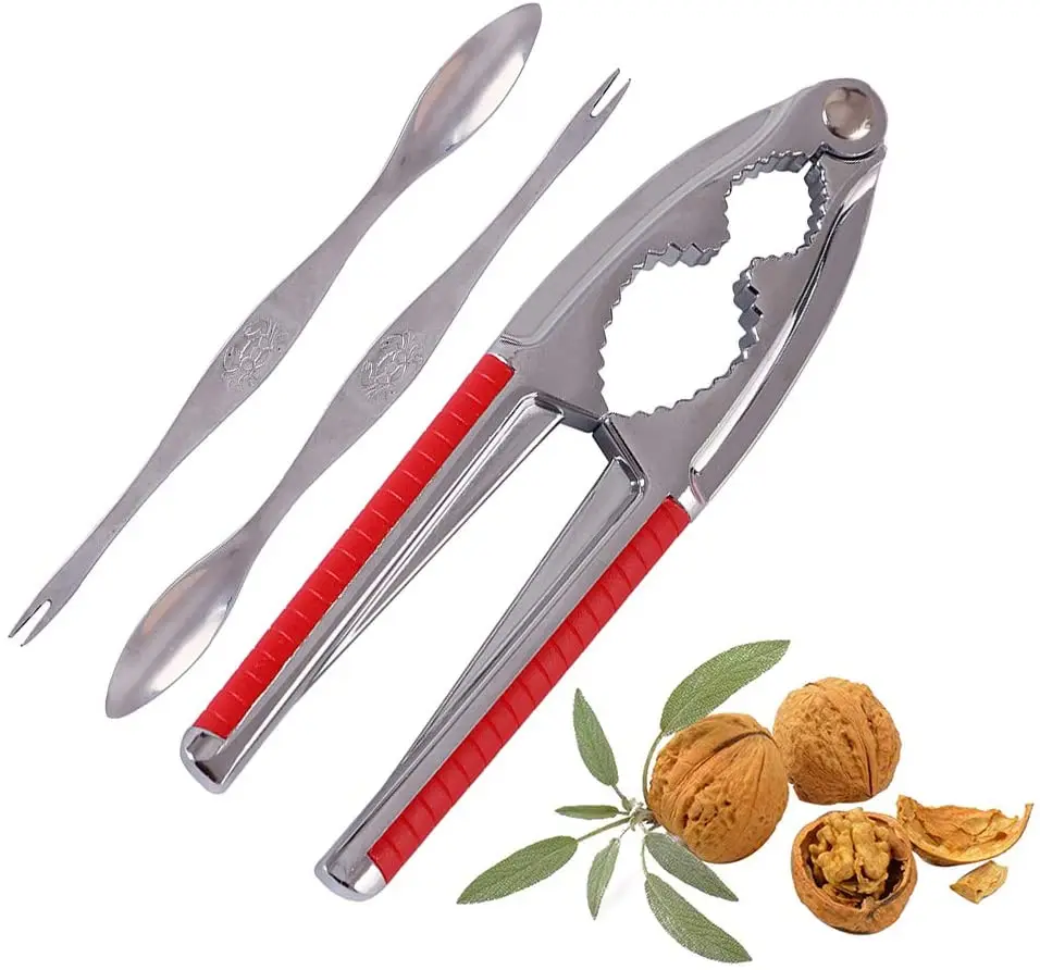 

Heavy Duty Walnut Cracker Opener Tool Nut Crackers Shell Seafood Cracker with Red Non-slip Handle with 2 pcs Forks Picks