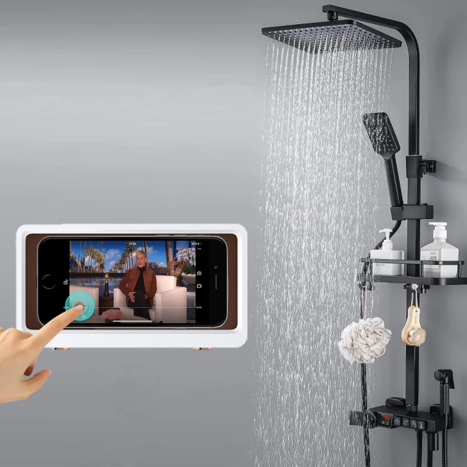 

Wall Mount Anti-slip Shower Phone Holder Waterproof Touch Screen Bathroom Mobile Phone Case Anti-fog Shower Phone Box, White, blue