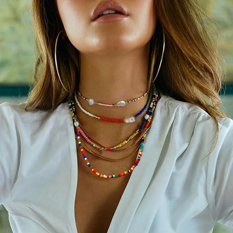 

Summer Beach Irregular Pearl Handmade Bohemian Colorful Beaded Necklace Choker, Colors