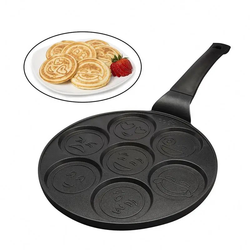 

7 holes 26cm Smiley Face Mini Pancake Non-stick Waffle baking Breakfast cookie omelette Egg fry pan pans, Black