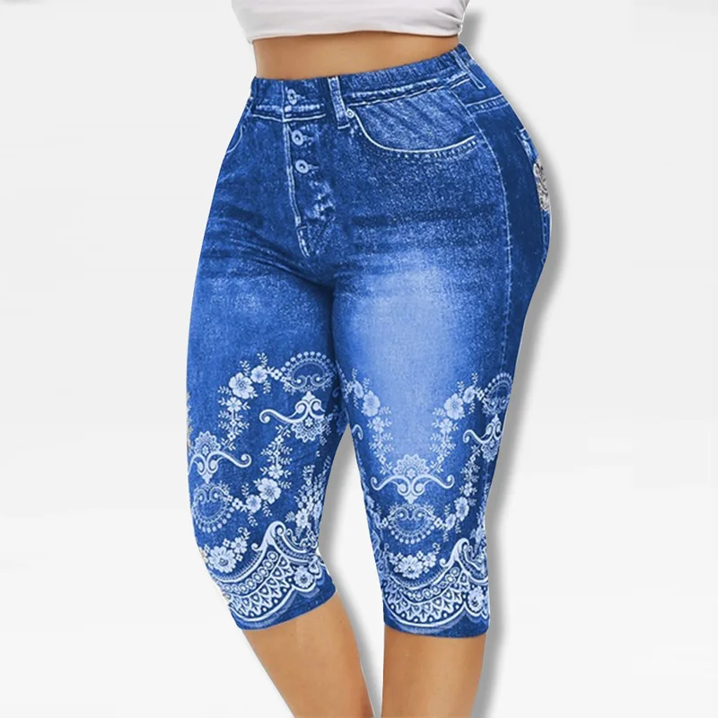 

Women 3D Denim Print Leggings Large Size Fashion Slim Elastic Trousers Cropped Pants, 5 colors