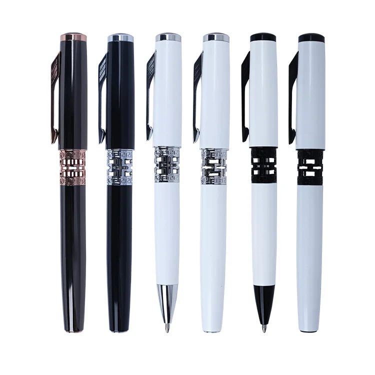 

TTX promotional celebration gift metal hollow middle ring design simple white black ballpoint pen, Black /blue or any color for option