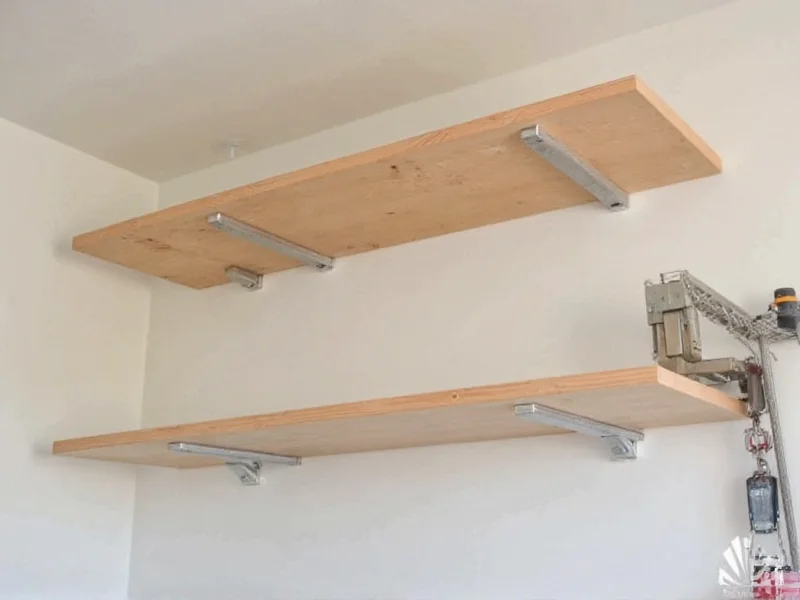 DIY garage shelf assembly with level and steel brackets