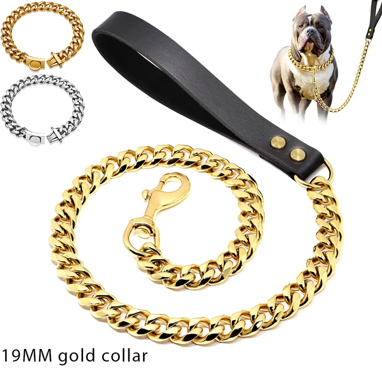 

18K Gold personalized dog collars and leashes Slip Chain safety buckle Rottweiler American bully pitbull waterproof dog collar